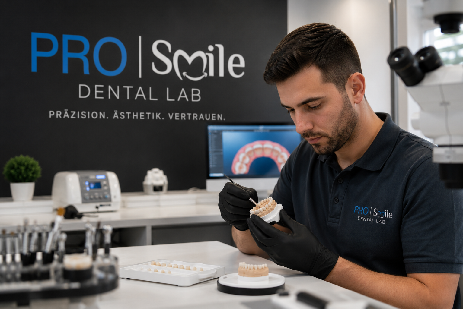 Zahntechniker von PRO Smile Dental Lab bei der Feinarbeit an Zahnersatz